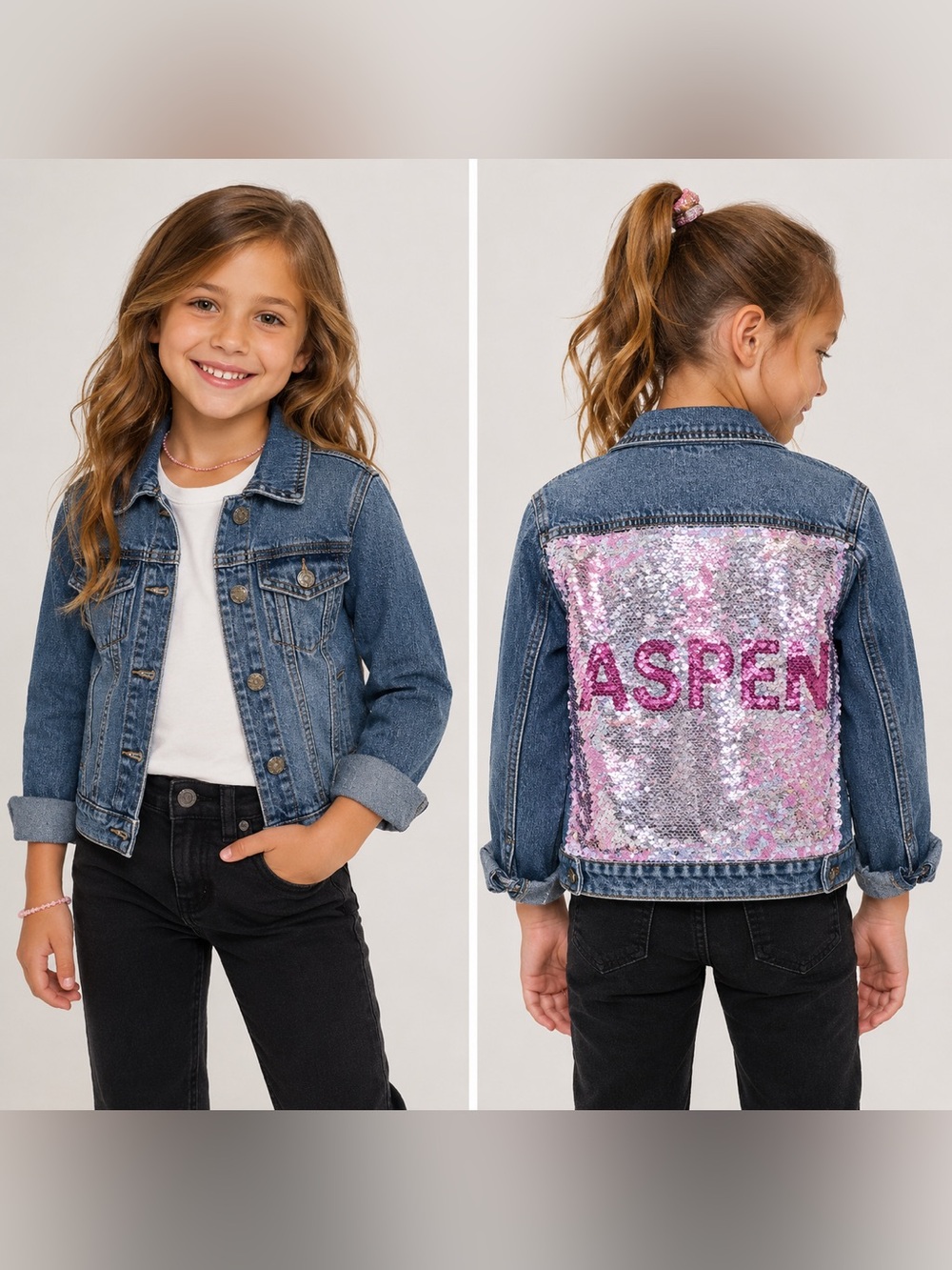 Monkeys Aspen Kids Denim Jacket with Reversible Pink Sequin 'ASPEN' Back Panel 8